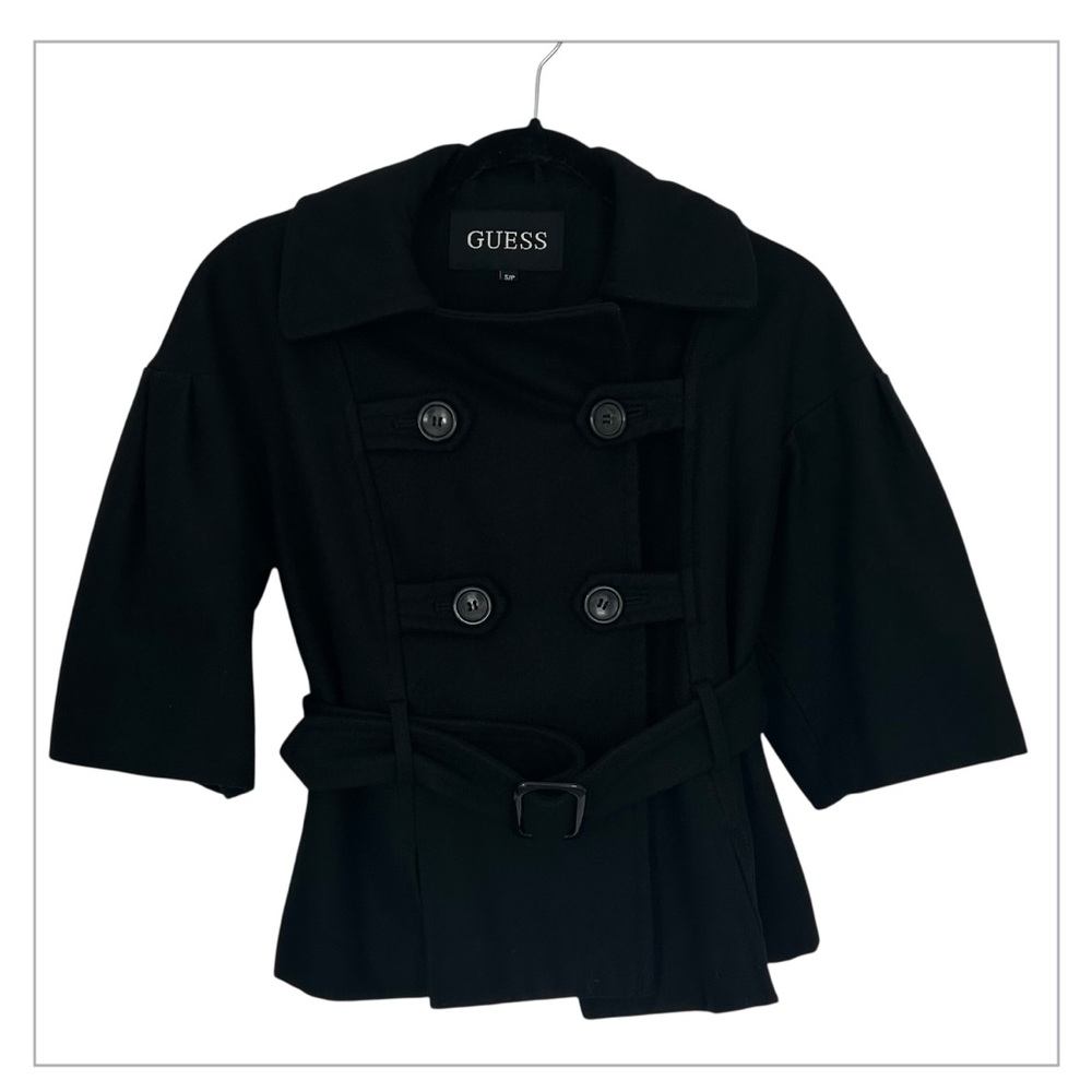 GUESS Women’s Dbl Breasted Pea Coat Black Wool Blend Cropped Belt 3/4 Sleeve S/P - Picture 3 of 14